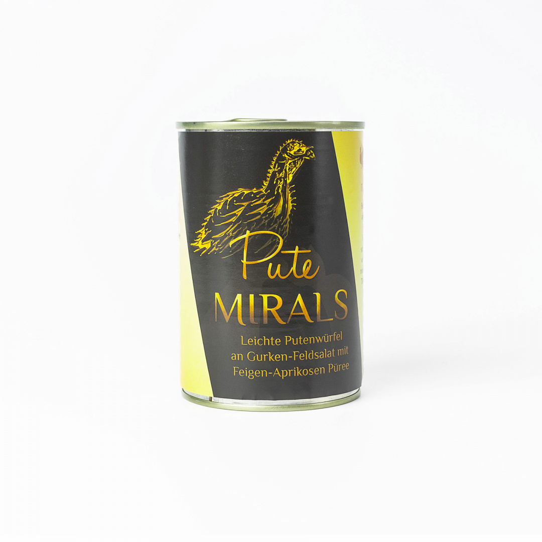 MIRALS Putenwürfel - delikatne kawałki indyka na sałatce z ogórka i roszponki z puree z fig i moreli (6 szt. x 400g)