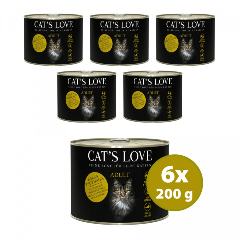 CAT'S LOVE Mix Kalb & Truhahn - cielęcina i indyk z olejem lnianym i kocimiętką (6 szt. x 200g)