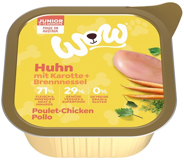 WOW Junior Huhn - kurczak z marchewką i pokrzywą dla szczeniąt (11 szt.x 150g)