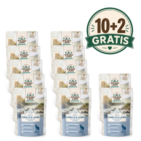 PROMOCJA-VIP-WILDES LAND CAT Classic Forelle Lachs - pstrąg i łosoś z żurawiną 10+2 gratis (12szt.x 90g)