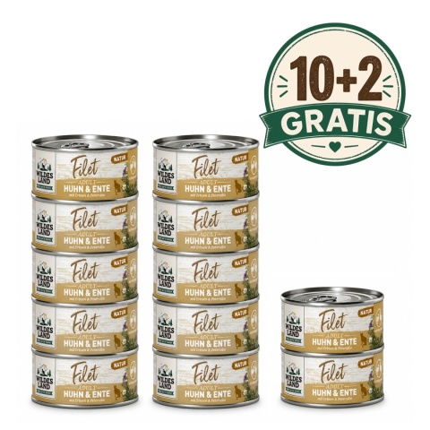 WILDES LAND CAT Huhn Ente Filet - filety z kurczaka i kaczki 10+2 gratis(12szt.x 80g)